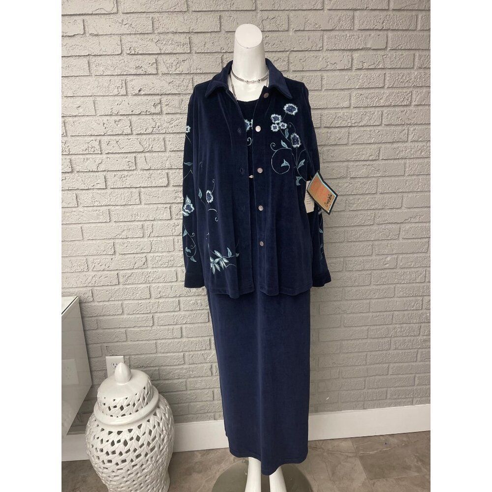 Country Wear Women Navy Blue Velvet Embroidered Floral Dress & Jacket Set Size M